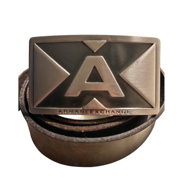 Armani Exchange Distressed Brown Leather Belt Metal Logo Detachable Buckle 38 - Picture 2 of 10